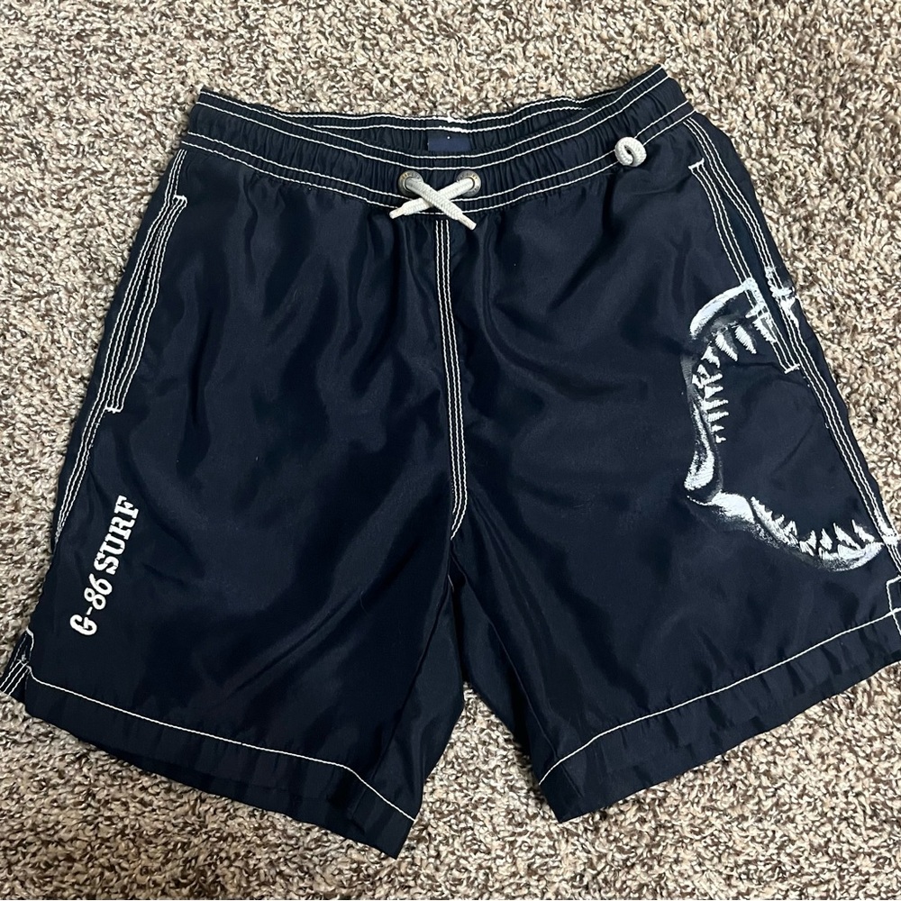 Kids Navy Shark-Print Swim Trunks